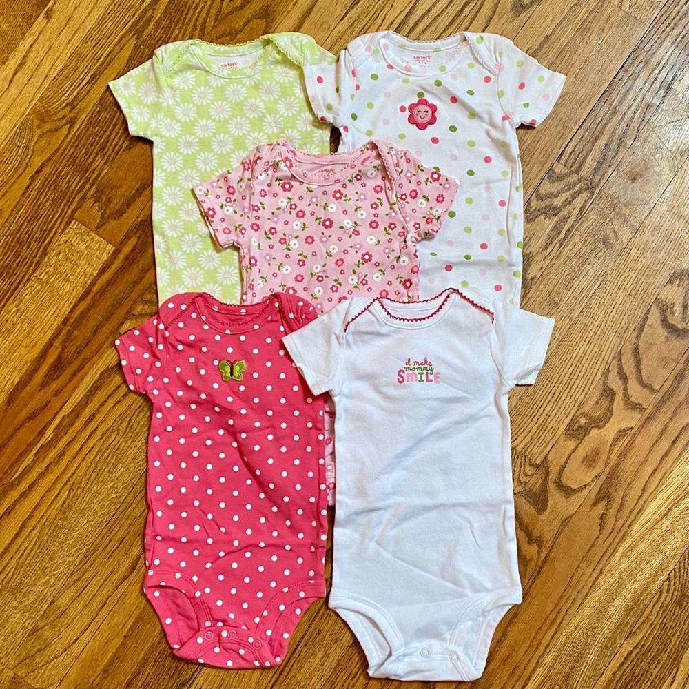 Carter’s - Girls 5 Pack Pink Green White Onsies